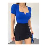 hiraz fashion Kadın Mavi Kare Yaka Sandy Kumaş Crop Bluz