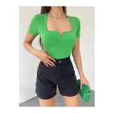 hiraz fashion Kadın Yeşil Sandy Kumaş Kare Yaka Crop Bluz
