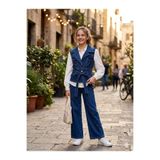 hisarpretty Kız Çocuk Kot Yelek Pantolon Gömlek Takım - Kuşaklı Fırfırlı Denim Üçlü Takım