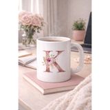 hit nokta K Harfli Çiçek Tasarımlı Porselen Kahve Kupası Floral Minimal Harf Kupa Bardak 330 Ml