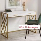 Hitit Dekorasyon Zeron Gold Metal Çekmeceli Ahşap Çalışma Masası - Y: 80 cm D: 50 cm G: 120 cm - Beyaz