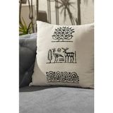 Hitit Desen El Baskısı Kırlent Kılıfı 2 Li Set 45X45 cm %100 Organik Hambez Kumaş - Ekru - 45 X 45