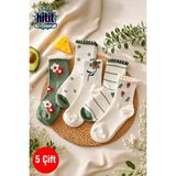 Hitit Socks Kadın 5 Çift Premium Kabartma Desenli Çiçek ve Çizgi Desenli Uzun Soket Çorap Yeşil - 35 - 40 - Çok Renkli
