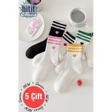 Hitit Socks Kadın 5 Çift Premium Kalite Çizgili Kalp İşlemeli Tenis Soket ASORTİ