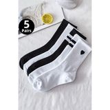 Hitit Socks Kadın 5 Çift Yüksek Pamuklu Nefes Alabilen Esnek Kolej Soket Çorap - 35 - 40 - Siyah - Beyaz