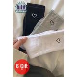 Hitit Socks Kadın 6 Çift Premium Kalite Kalp Detaylı Tenis Çorap Siyah Beyaz Gri ASORTİ