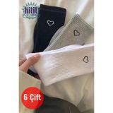 Hitit Socks Kadın 6 Çift Premium Kalite Kalp Detaylı Tenis Çorap Siyah Beyaz Gri HTT0051