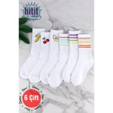 Hitit Socks Kadın 6 Çift Premium Kalite Renkli Çizgili ve Meyve Desenli Nefes Alabilen Tenis Çorabı
