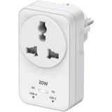 Hızlı Şarj Özellikli, Akım Korumalı 20W Pd Hızlı Şarjlı Universal Priz Dönüştürücü, 2500W Akım Korumalı, Usb-C ve Usb-A Çıkışlı, Tüm Ülke Fişleri Uyumlu (Beyaz)