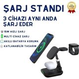 Hızlı Store 3-In-1 15W Kablosuz Şarj Istasyonu – Telefon, Kulaklık ve Akıllı Saat Için Hızlı Wireless Charging Stand - Siyah