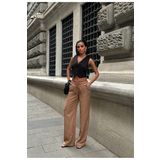 HLT JEANS Açık Kahve Yazlık Kadın Beli Lastikli İnce Dökümlü Baggy Keten Görünümlü Pantolon EMİLY-3015