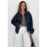 HLT JEANS Kadın Koyu Mavi Oversize Beli Lastikli Düğmeli %100 Pamuk Kot Ceket (2 Beden Küçük Alın) LARA-5009