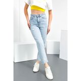 HLT JEANS Kadın Mavi Kar Yıpratmalı Mom Yüksek Bel %100 Pamuk Jean Kot Pantolon ANNA-2075