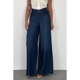 HLT JEANS Koyu Mavi Kadın Extra Wide Leg Jean %100 Tencel Dökümlü Yüksek Bel Palazzo Kot Pantolon ANGEL-2054