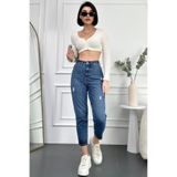 HLT JEANS Mavi Yıpratmalı Kadın Likralı Boyfriend Jean Yüksek Bel Esnek Kot Pantolon -MAVİYPT MABEL