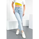 HLT JEANS Yıpratmalı Mavi Kar Kadın Mom Jean Yüksek Bel Likrasız %100 Pamuk Kot Pantolon -2075 ANNA