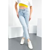 Hlt Jeans Yıpratmalı Mavi Kar Kadın Mom Jean Yüksek Bel Likrasız %100 Pamuk Kot Pantolon ANNA-2075 - Kar Yıkama - Mavi - 38