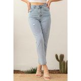 Hlt Jeans Yıpratmalı Mavi Kar Kadın Mom Jean Yüksek Bel Likrasız %100 Pamuk Kot Pantolon ANNA-2075 - Kar Yıkama - Mavi - 48
