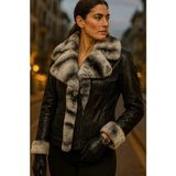 HMO Store Buz Şerit Premium Hakiki Kürklü Hakiki Deri Ceket - Siyah