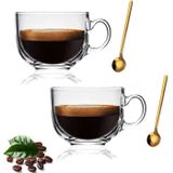 HMWEB Büyük Şeffaf Cam Kahve Kupaları Seti 70 oz (440ml) - Geniş Ağızlı Çay Bardakları Saplı ve Kaşıklı Şeffaf İçme Kapuçino Bardakları, Latte, Süt Rengi 4 Parça