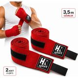 HN Sport Boks Kick Boks Muay Thai Wushu Sanda Tüm Sporlar Için El Bandajı 3,5 M. X 2 Adet Elastik Boks Bandajı - Kırmızı - 350 cm