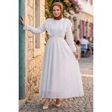 Hnt Hayrunnisa Fırfır Dantelli Modal Astarlı Tül Elbise Beyaz HNT8618 - 40