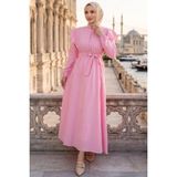 Hnt Hayrunnisa Inci Düğme Detaylı Fırfırlı Tesettür Elbise Pembe HNT0317 - 46