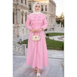 HNT Hayrunnisa Tesettür Volan Yaka Düğmeli Beli Lastikli Kuşaklı Elbise HNT03151 Pembe