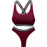 HNX Bordo Love Lastikli Büstiyer Brazil Külot Kadın Spor Iç Çamaşırı Takım