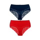 HNX UNDERWEAR 2'li Pamuklu Yüksek Bel Dantel Detaylı Büyük Beden Kadın Külot Lacivert Kırmızı 3XL hnxNM2751