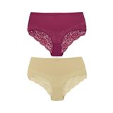 HNX UNDERWEAR 2'li Pamuklu Yüksek Bel Dantel Detaylı Büyük Beden Kadın Külot Mürdüm Ten 3XL hnxNM2743