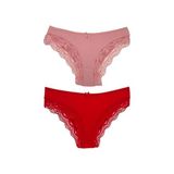 HNX UNDERWEAR 2'li Sur Dantel Modal Ribana Bikini Slip Kadın Külot Kırmızı-Vizon M hnxNM1773