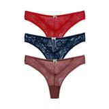 HNX UNDERWEAR 3'lü Taş ve Tül Detaylı Dantel Tanga Kadın Külot Kırmızı Lacivert Vizon L hnxNM7506