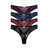 HNX UNDERWEAR 4'lü Taş ve Tül Detaylı Dantel Tanga Kadın Külot Mor Lacivert Bordo Siyah M hnxNM7522