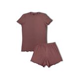 HNX UNDERWEAR Koyu Kahverengi Pamuklu Fitilli Kısa Kollu Tişört ve Şort Kadın Pijama Takımı Koyu Kahverengi L hnxNM8378