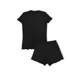 HNX UNDERWEAR Siyah Pamuklu Fitilli Kısa Kollu Tişört ve Şort Kadın Pijama Takımı Siyah 2XL hnxNM8370