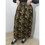 Hoaryage Beli Lastikli Çıtır Çiçekli Pazen Dividin Maxi Boy Etek Boy 95CM - Haki - Standart