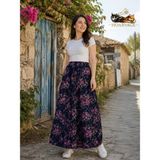 Hoaryage Beli Lastikli Desenli Viskon Basma Kumaş Maxi Boy Anne Etek 36-48BEDEN - Lacivert - Mor - Standart