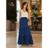 Hoaryage Beli Lastikli Desenli Viskon Basma Kumaş Maxi Boy Anne Etek 36-48BEDEN - Mavi - Standart