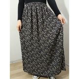 Hoaryage Beli Lastikli Desenli Viskon Basma Kumaş Maxi Boy Anne Etek 36-48BEDEN - Siyah - Açık - Standart