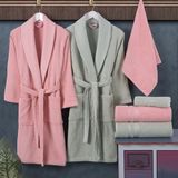 Hobby Casual Pembe Su Yeşili %100 Saf Pamuk Aile Bornoz Seti