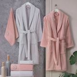 Hobby Line Pembe Gri %100 Saf Pamuk Aile Bornoz Seti