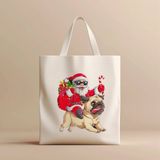 Hobi Hediye Noel Baba ve Pug Köpek Temalı %100 Pamuklu Ham Bez Çanta - 35 x40