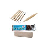 Hobialem Kil Hamuru Set-3, Seramik Hamuru Başlangıç Seti, Ahşap Ebeşuar, Merdane, 1 Kg Beyaz Kil