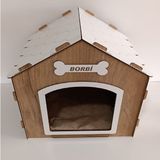 Hobicim Süper Set Ahşap Dekoratif Köpek Evi-Kulübesi Minder ve Zincir Tasma (Modena-Beyaz)