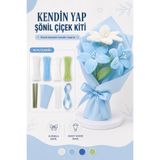 Hobievim3 Şönil Çiçek Buketi Yapım Kiti Mavi Zambak Buketi | Kendin Yap DIY Hobi Seti | Kurdele ve Buket Kağıdı Dahil