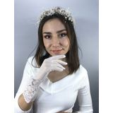 Hobigram Beyaz Uzun Gelin Eldiveni Ve Krem İncili Taç Nikah Takımı