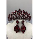 Hobigram Bordo Denver Ful Taşlı Kına Gelin Tacı Ve Abiye Küpe Seti