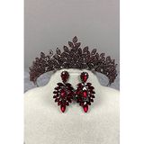 Hobigram Bordo Jessie Model Şık Taşlı Kına Tacı Ve İnce Küpe Takımı