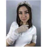 Hobigram Krem İncili Taç Ve Beyaz Dirsek Boy Gelin Eldiveni Nikah Takımı